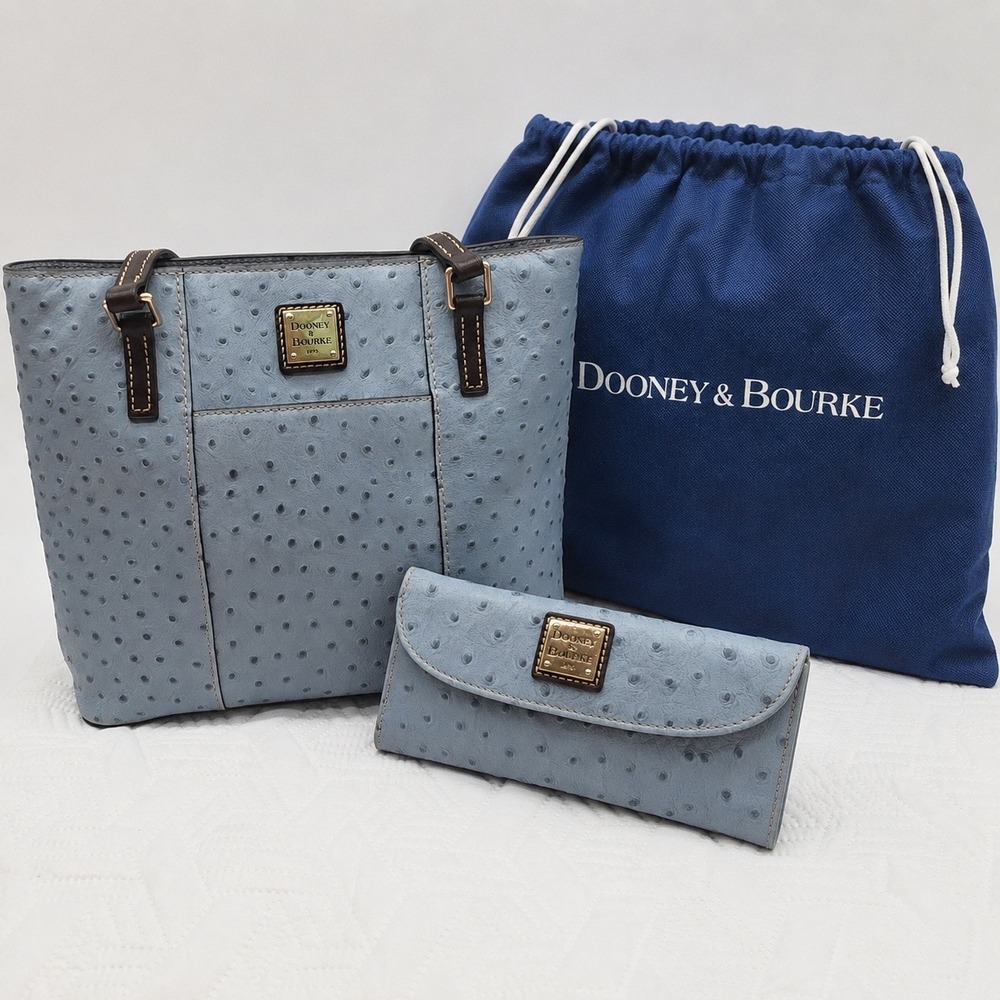 Dooney & Bourke Ostrich Embossed Leather Tote Bag & Wallet Set Blue Womens purse